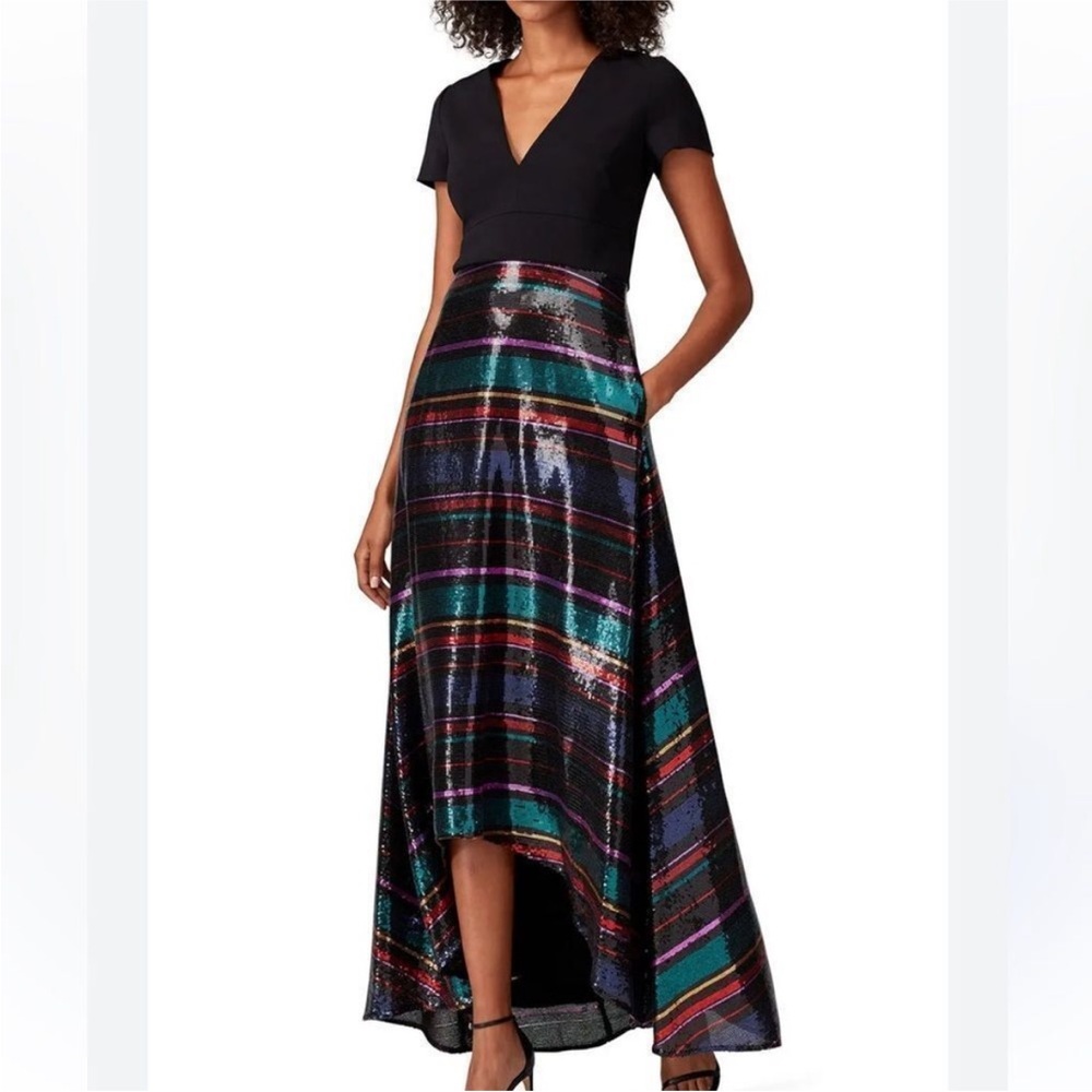 Badgley Mischka rainbow striped sequin bottom gown